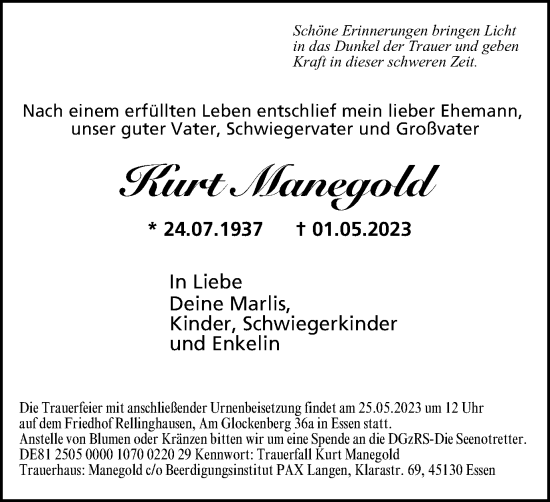 Traueranzeige von Kurt Manegold von Tageszeitung