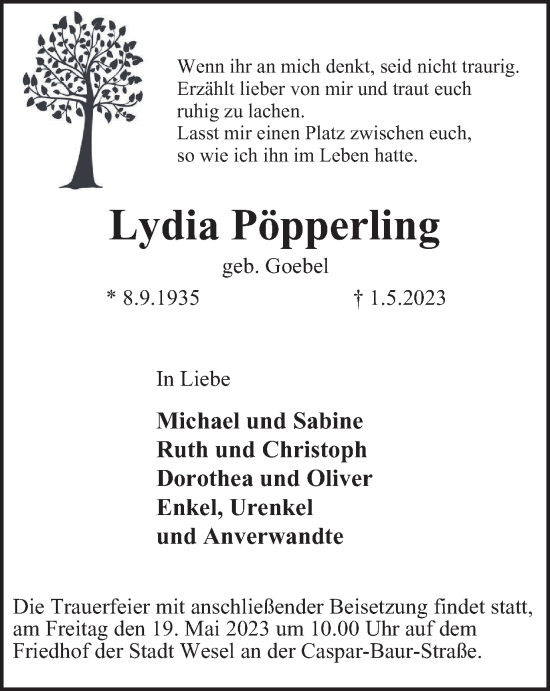 Traueranzeige von Lydia Pöpperling von Tageszeitung