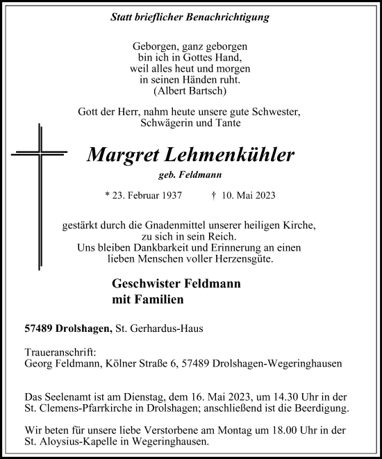 Traueranzeige von Margret Lehmenkühler von Tageszeitung