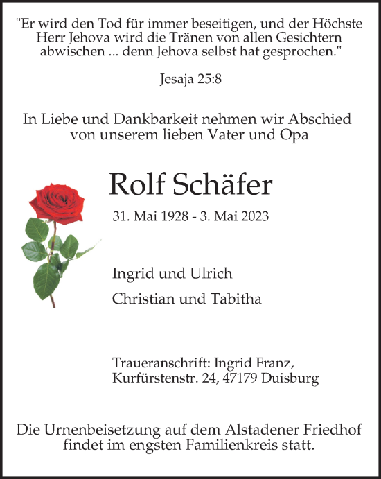 Traueranzeige von Rolf Schäfer von Tageszeitung
