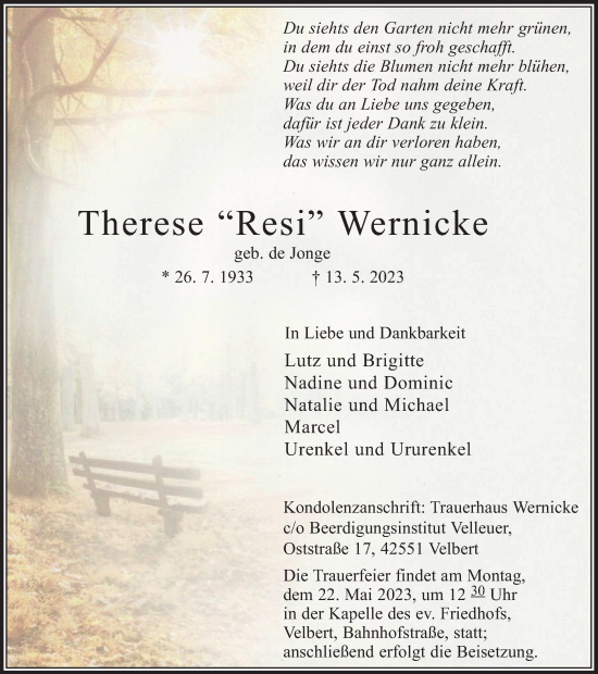 Traueranzeige von Therese Wernicke von Tageszeitung