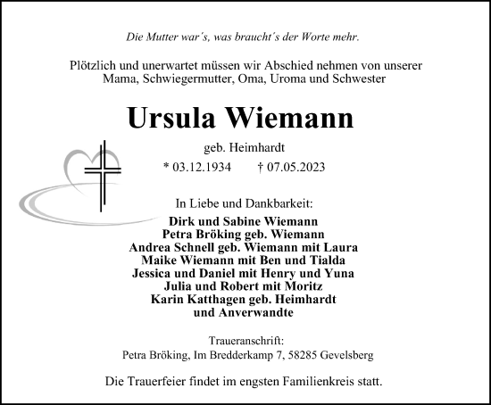 Traueranzeige von Ursula Wiemann von Tageszeitung