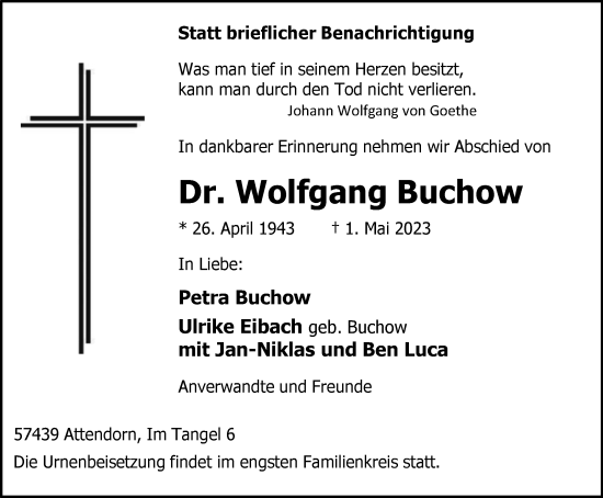 Traueranzeige von Wolfgang Buchow von Tageszeitung