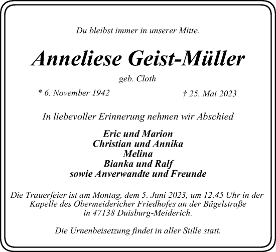 Traueranzeige von Anneliese Geist-Müller von Tageszeitung