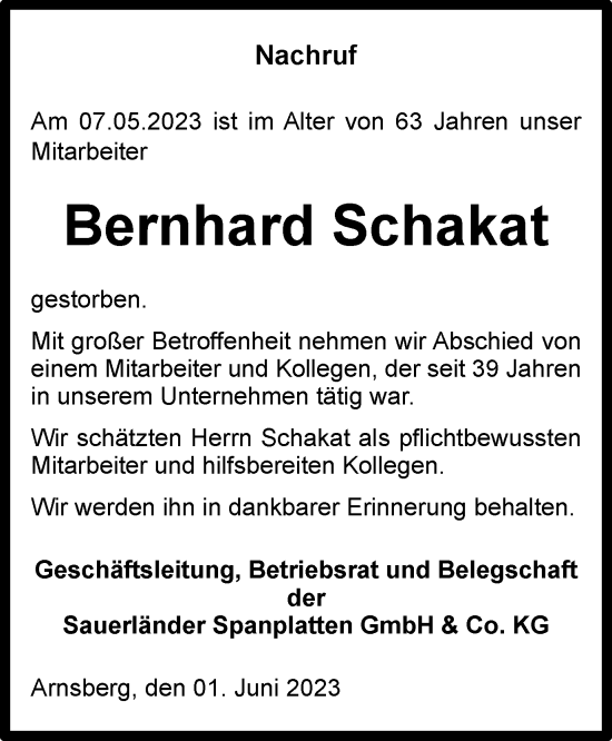 Traueranzeige von Bernhard Schakat von Tageszeitung