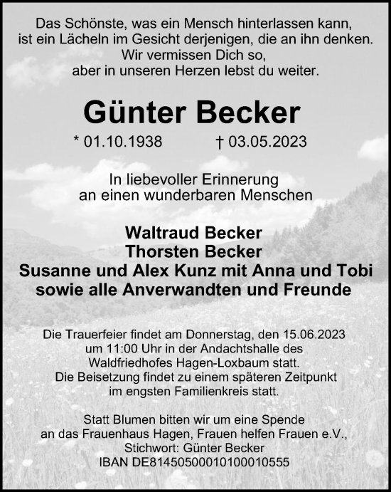 Traueranzeige von Günter Becker von Tageszeitung