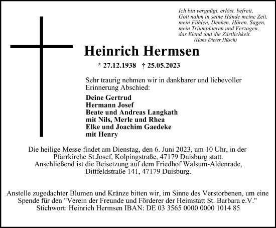 Traueranzeige von Heinrich Hermsen von Tageszeitung