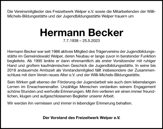 Traueranzeige von Hermann Becker von Tageszeitung