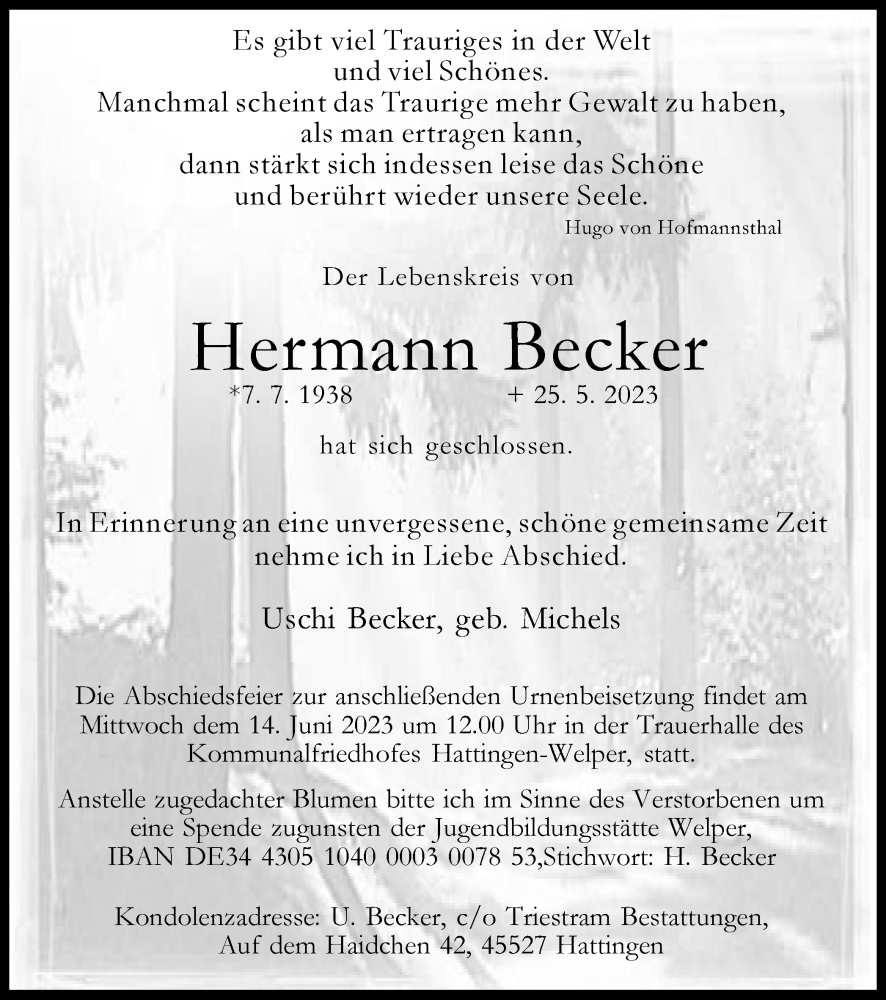  Traueranzeige für Hermann Becker vom 03.06.2023 aus Tageszeitung