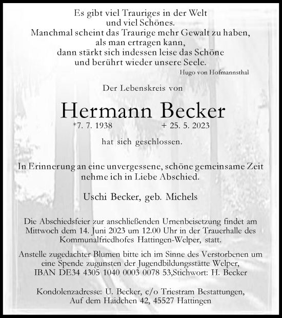 Traueranzeige von Hermann Becker von Tageszeitung
