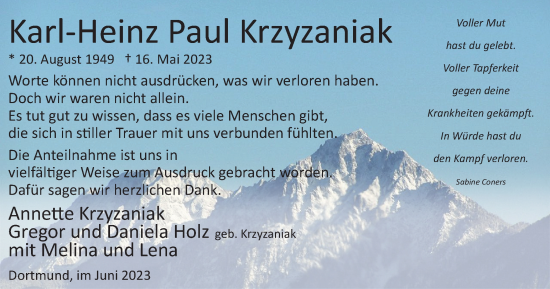 Traueranzeige von Karl-Heinz Paul Krzyzaniak von Tageszeitung