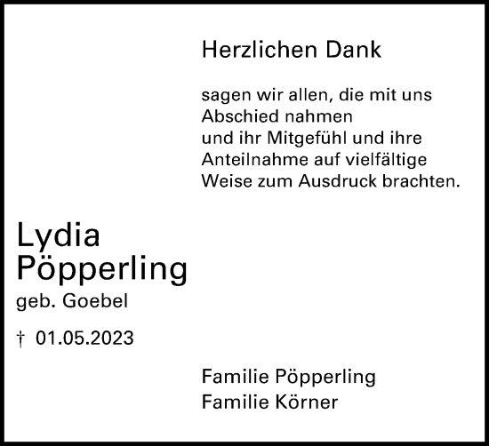 Traueranzeige von Lydia Pöpperling von Tageszeitung