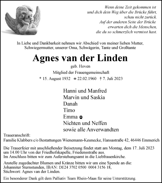 Traueranzeige von Agnes van der Linden von Tageszeitung