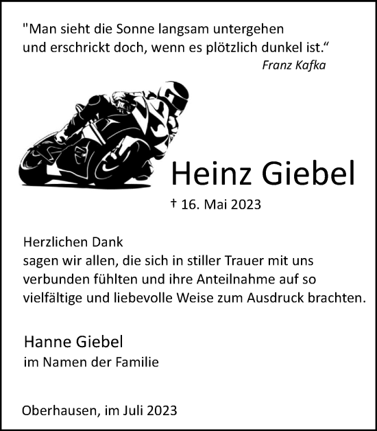 Traueranzeige von Heinz Giebel von Tageszeitung