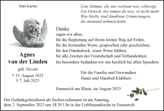 Traueranzeige von Agnes van der Linden von Tageszeitung