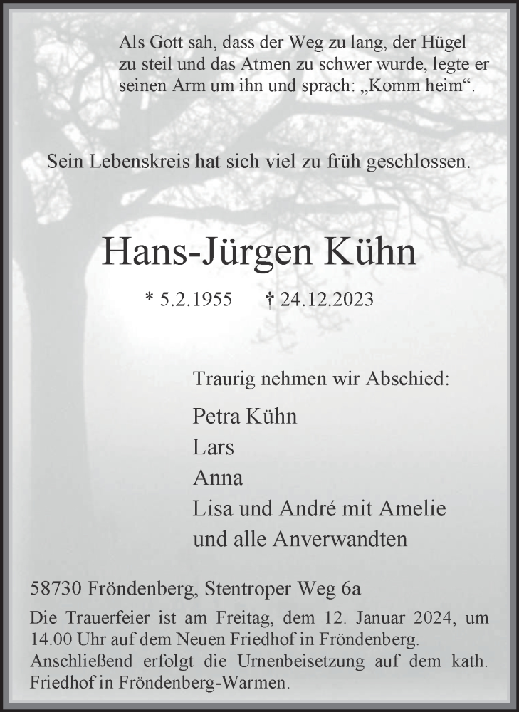  Traueranzeige für Hans-Jürgen Kühn vom 06.01.2024 aus Tageszeitung
