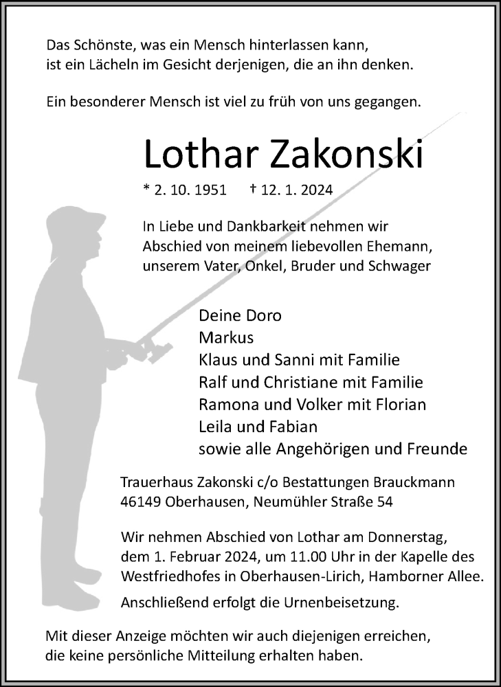  Traueranzeige für Lothar Zakonski vom 27.01.2024 aus Tageszeitung