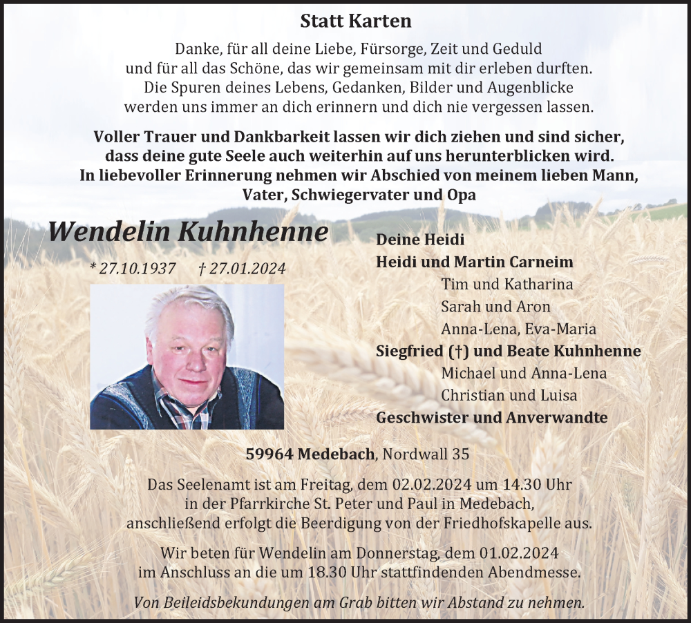  Traueranzeige für Wendelin Kuhnhenne vom 31.01.2024 aus Tageszeitung