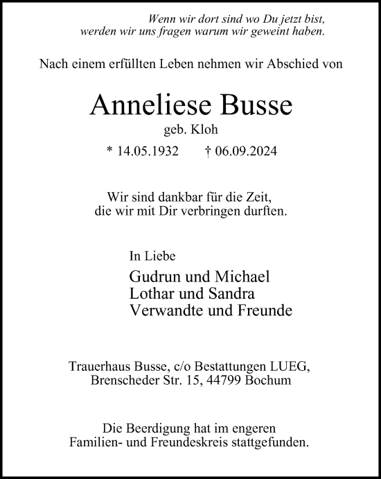 Traueranzeige von Anneliese Busse von Tageszeitung