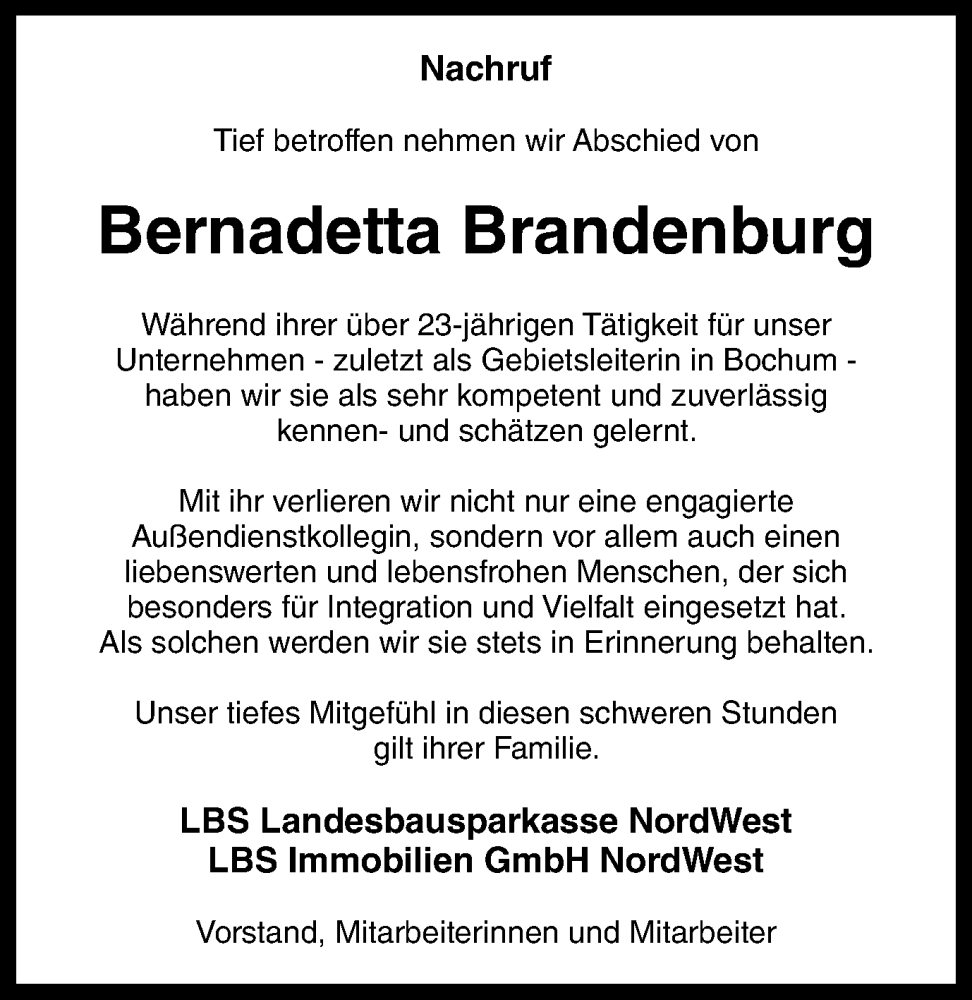  Traueranzeige für Bernadetta Brandenburg vom 12.10.2024 aus Tageszeitung