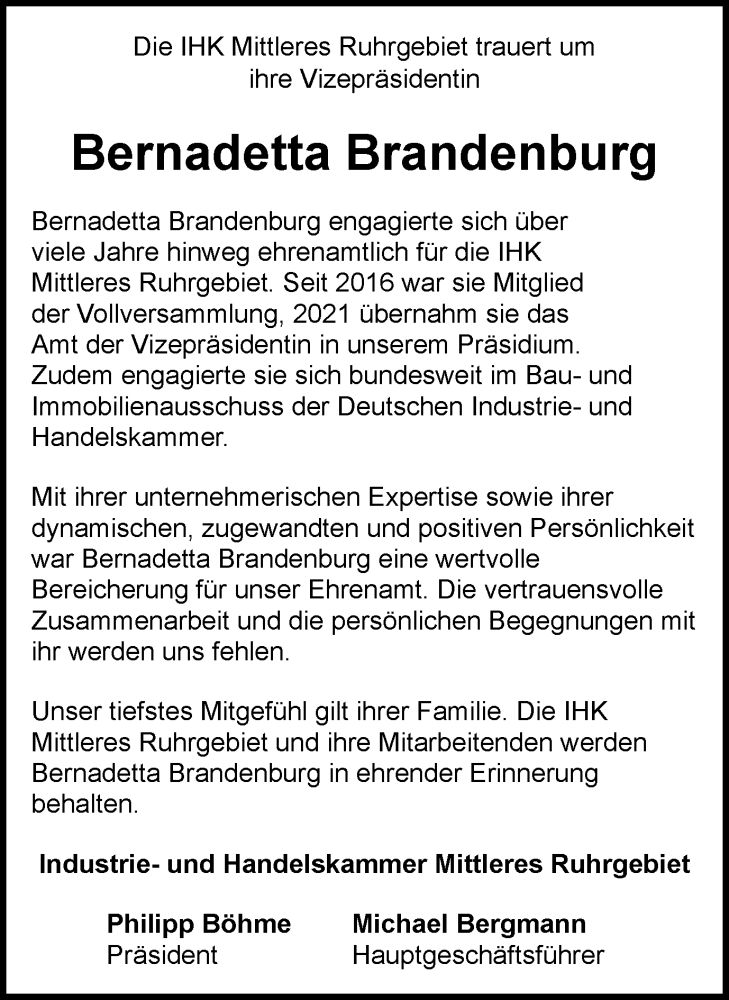  Traueranzeige für Bernadetta Brandenburg vom 19.10.2024 aus Tageszeitung