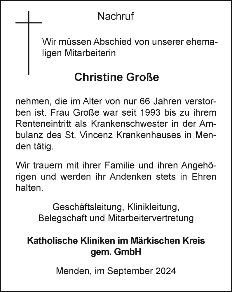  Traueranzeige für Christine Große vom 05.10.2024 aus Tageszeitung