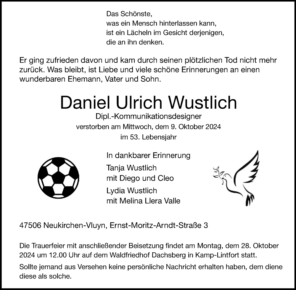  Traueranzeige für Daniel Ulrich Wustlich vom 19.10.2024 aus Tageszeitung