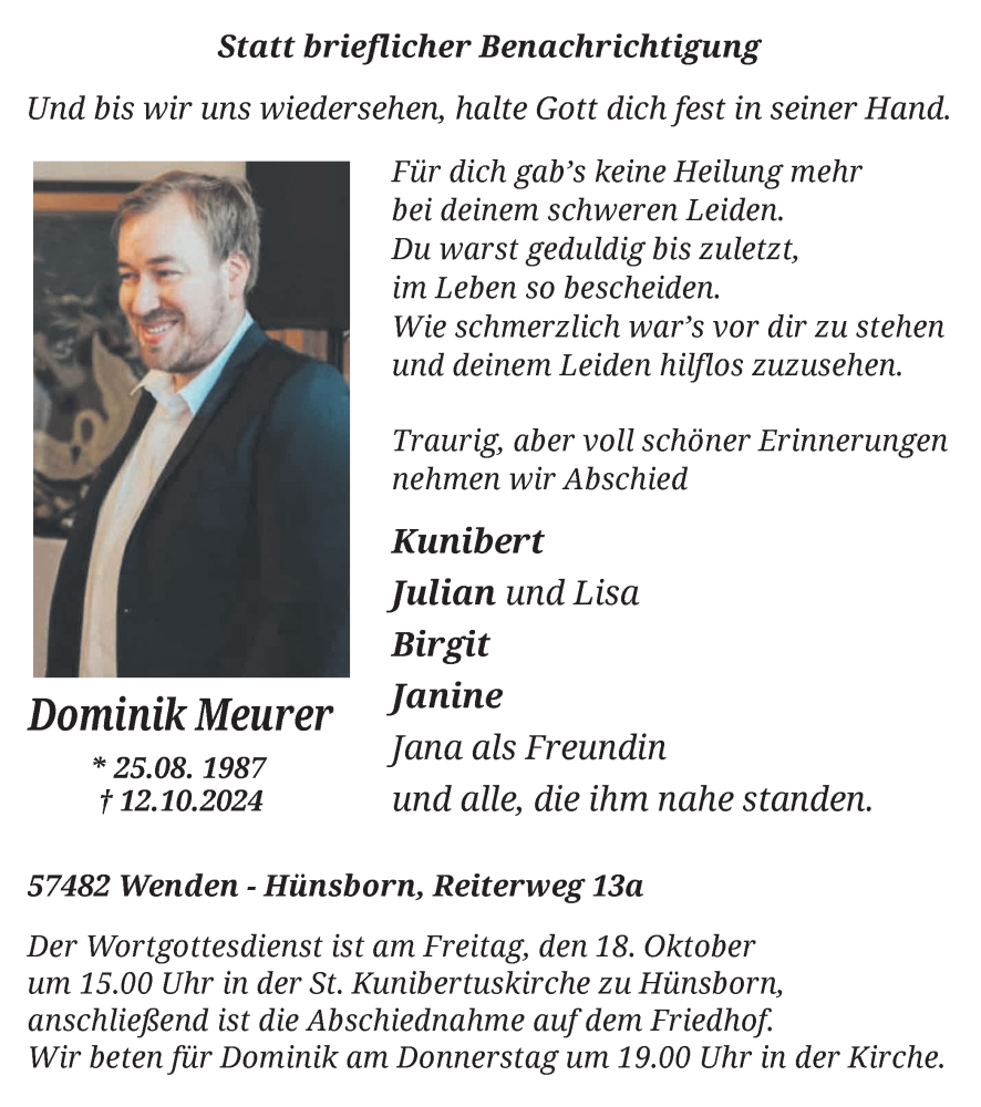  Traueranzeige für Dominik Meurer vom 16.10.2024 aus Tageszeitung