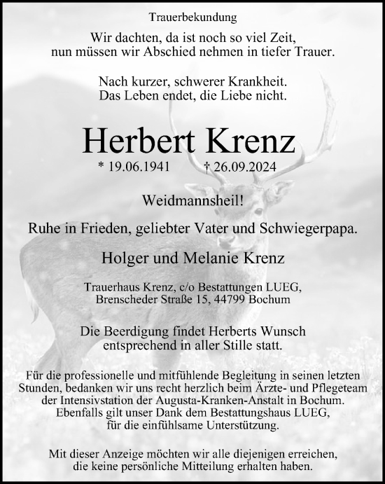 Traueranzeige von Herbert Krenz von Tageszeitung