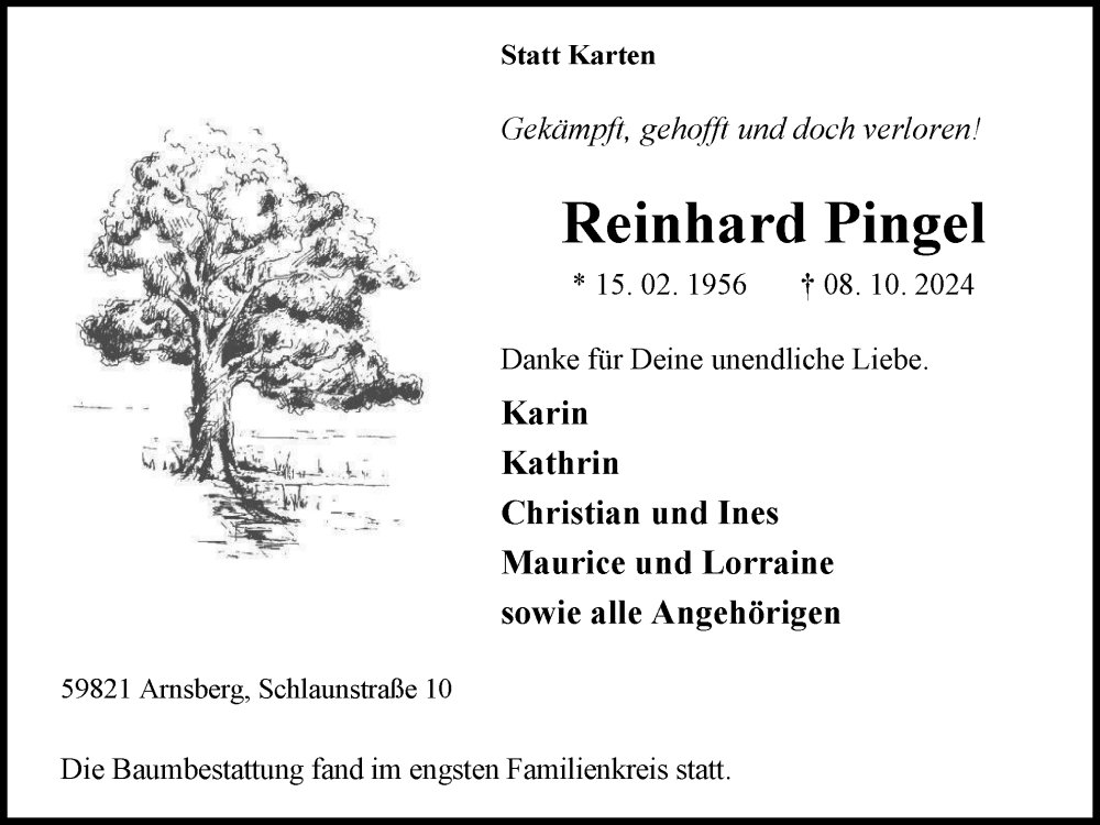  Traueranzeige für Reinhard Pingel vom 19.10.2024 aus Tageszeitung