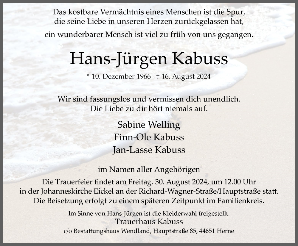  Traueranzeige für Hans-Jürgen Kabuss vom 24.08.2024 aus FUNKE Medien NRW 