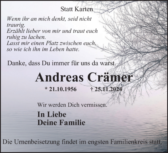 Traueranzeige von Andreas Crämer von Tageszeitung