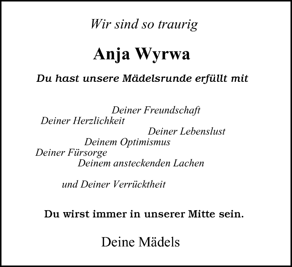  Traueranzeige für Anja Wyrwa vom 16.11.2024 aus Tageszeitung