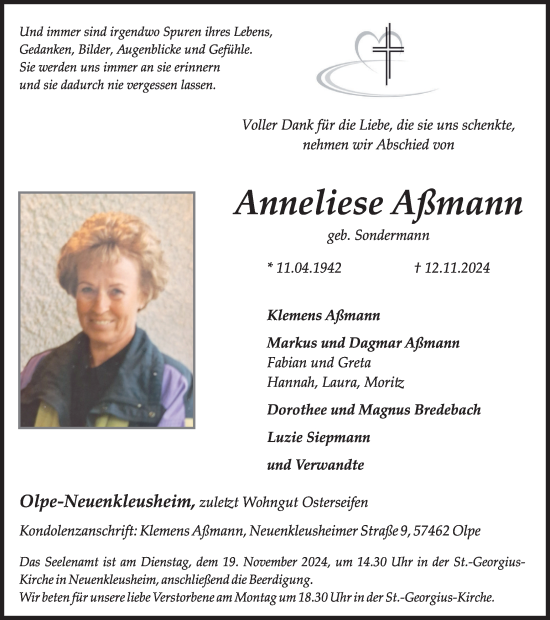 Traueranzeige von Anneliese Aßmann von Tageszeitung