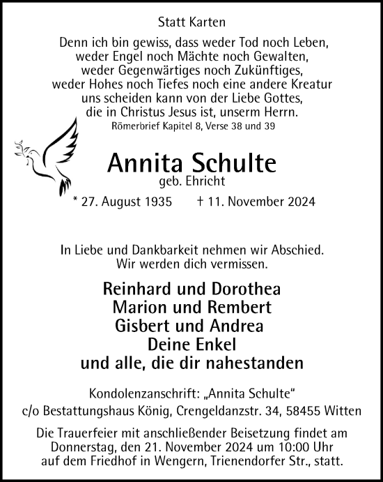 Traueranzeige von Annita Schulte von Tageszeitung