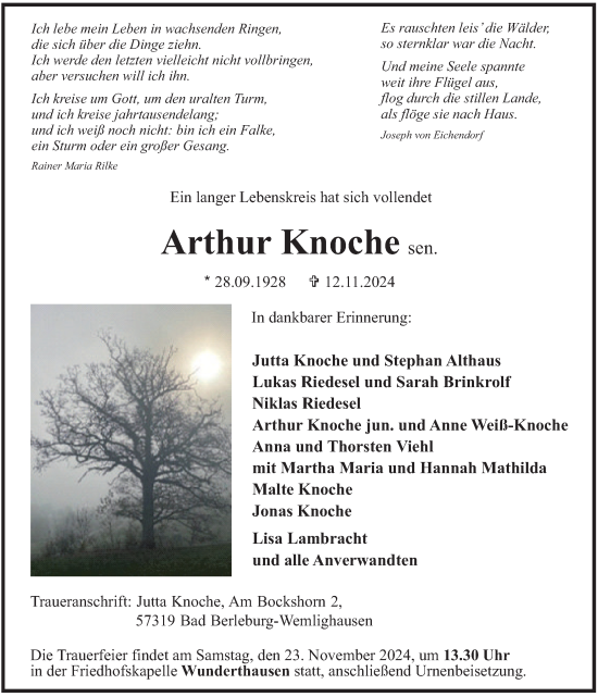 Traueranzeige von Arthur Knoche von Tageszeitung