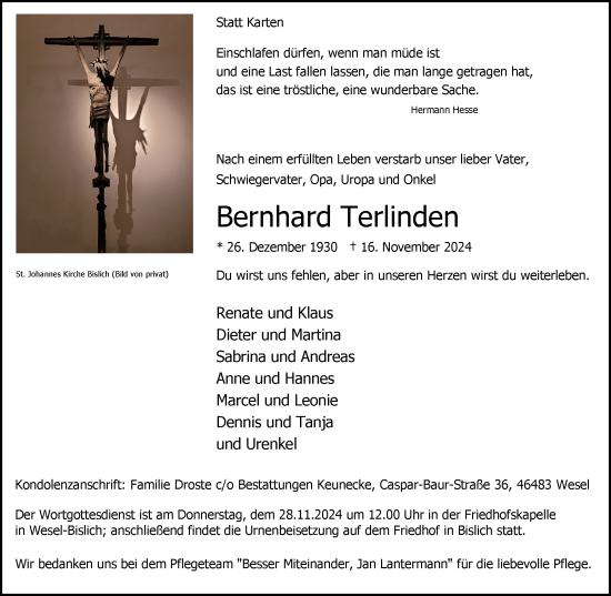 Traueranzeige von Bernhard Terlinden von Tageszeitung