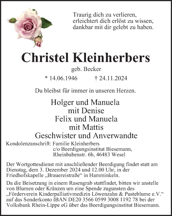 Traueranzeige von Christel Kleinherbers von Tageszeitung