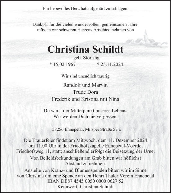 Traueranzeige von Christina Schildt von Tageszeitung