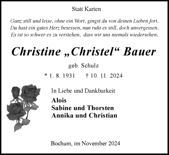 Traueranzeige von Christine  Bauer von Tageszeitung