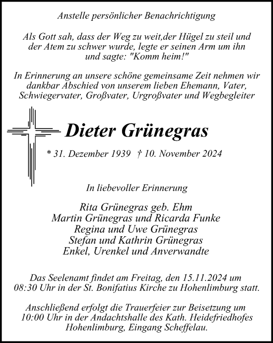 Traueranzeige von Dieter Grünegras von Tageszeitung