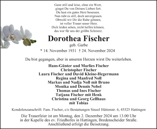 Traueranzeige von Dorothea Fischer von Tageszeitung