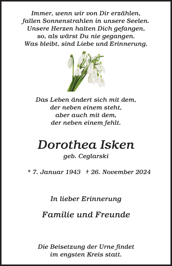 Traueranzeige von Dorothea Isken von Tageszeitung