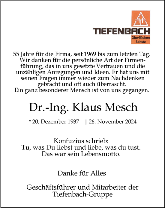 Traueranzeige von Dr.-Ing. Klaus Mesch von Tageszeitung