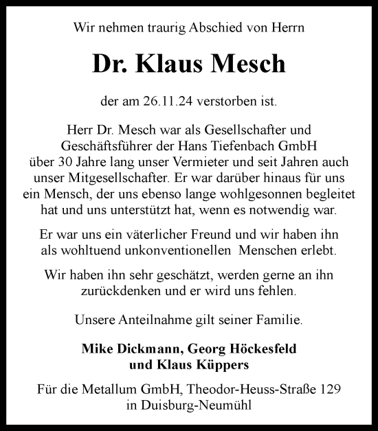 Traueranzeige von Dr. Klaus Mesch von Tageszeitung