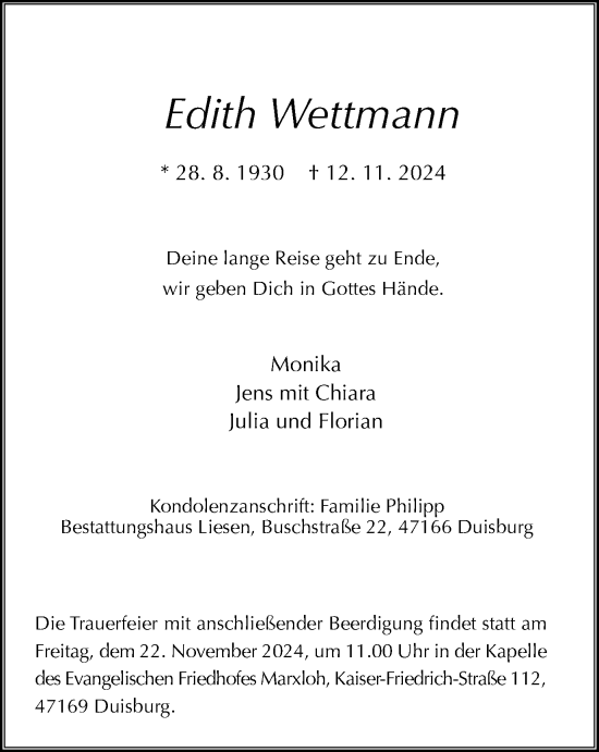 Traueranzeige von Edith Wettmann von Tageszeitung