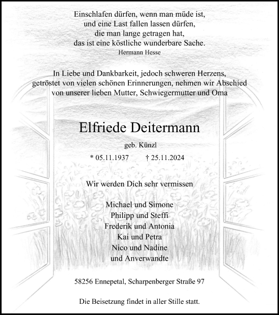 Traueranzeige von Elfriede Deitermann von Tageszeitung