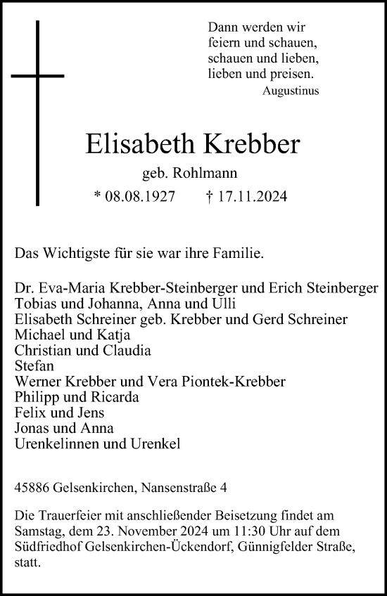 Traueranzeige von Elisabeth Krebber von Tageszeitung