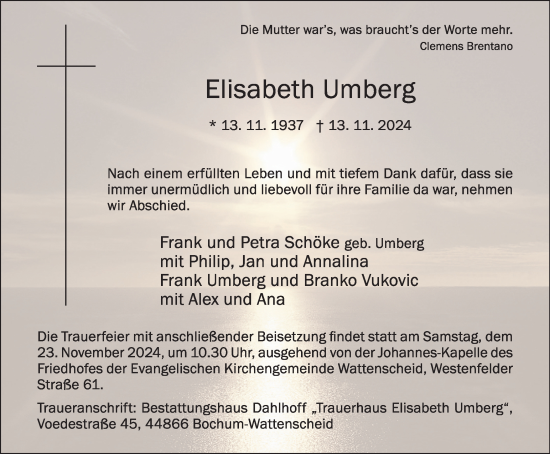 Traueranzeige von Elisabeth Umberg von Tageszeitung