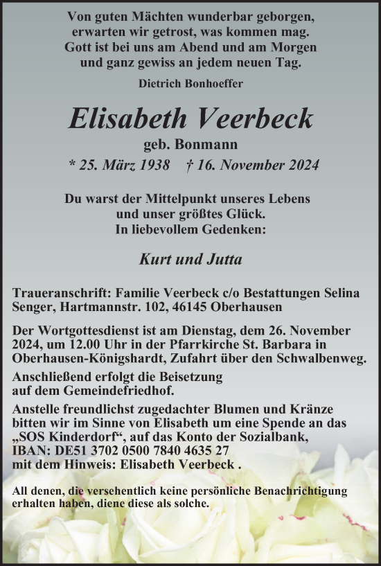 Traueranzeige von Elisabeth Veerbeck von Tageszeitung